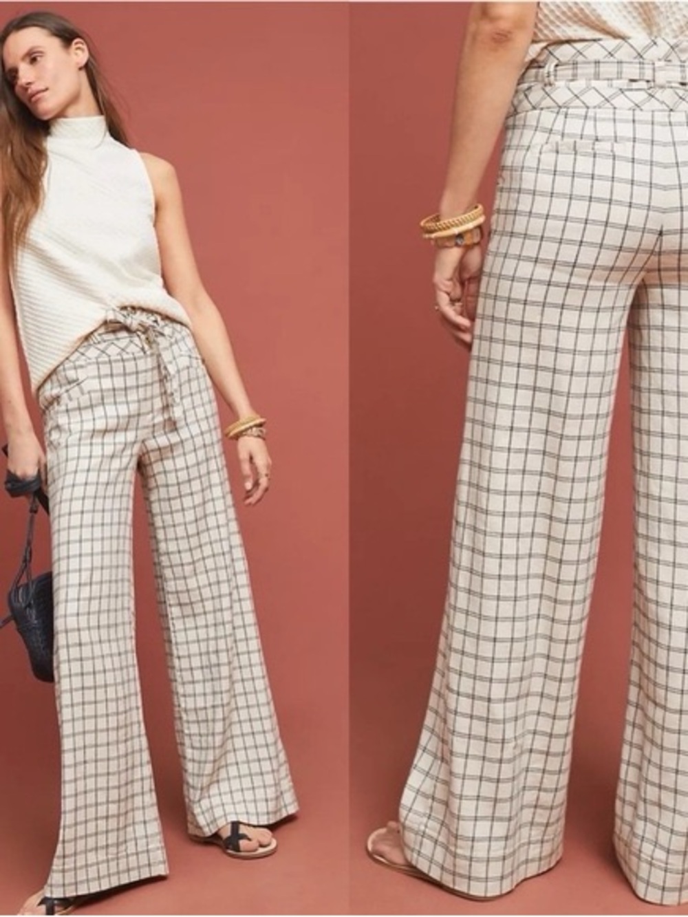 Anthropologie Windowpane Wide-Leg Linen Pants in Cream Size 4